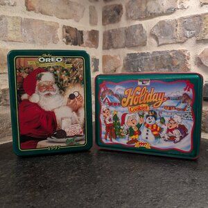 (2) Keebler & Oreo Holiday Cookie Tin Canisters Christmas Theme